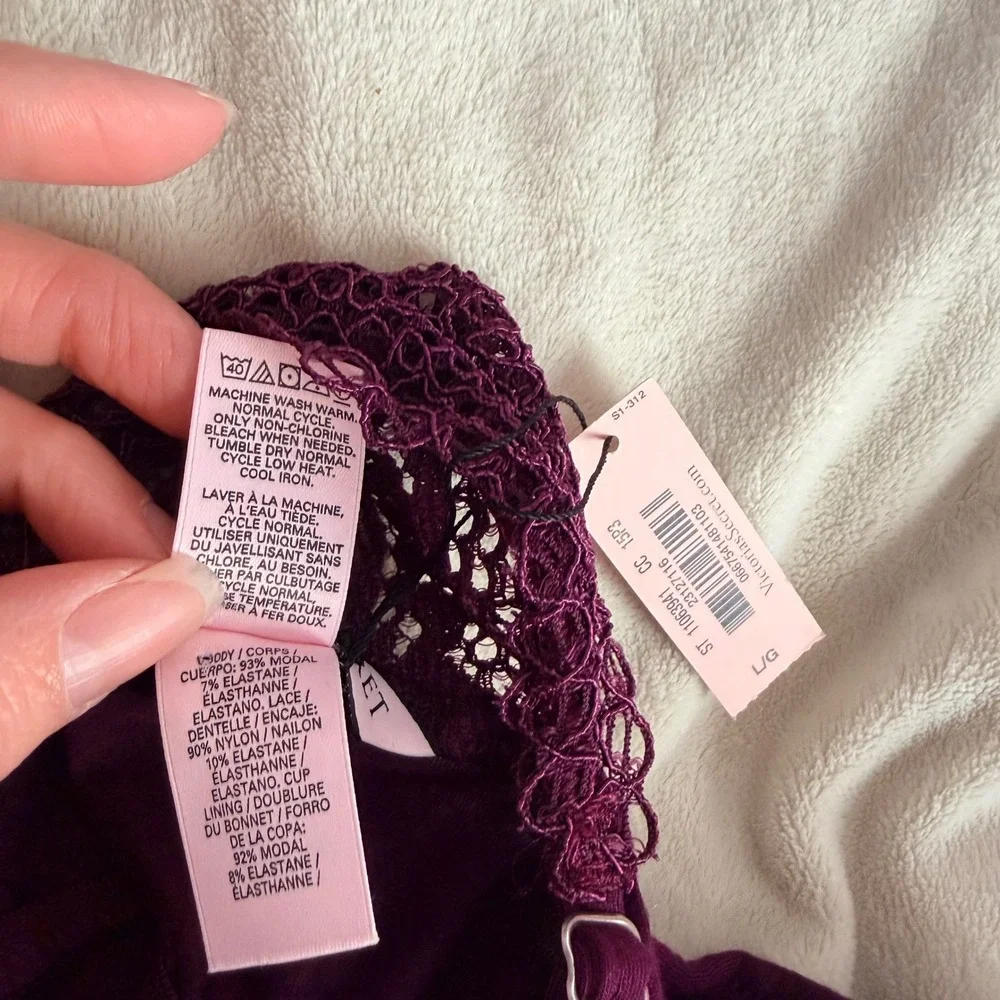 Victorias Secret Lace Trim Babydoll Chemise Nightgown Purple Large NEW - Picture 9 of 10